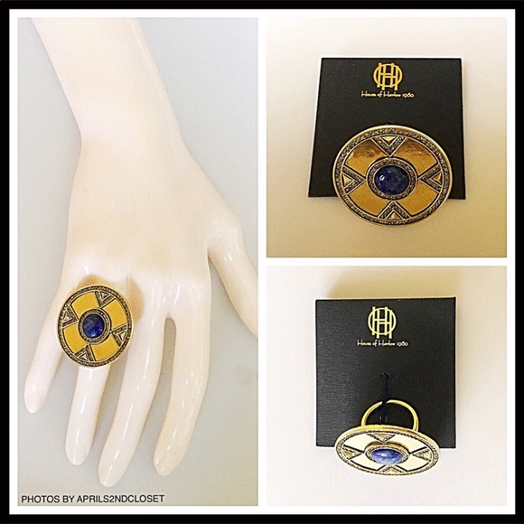 HOUSE OF HARLOW PAVE CRYSTAL LAPIS STONE RING A2C - Picture 2 of 8